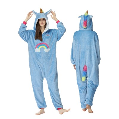 Blue Unicorn with Colorful Tail Kigurumi Onesie Pajama For Adult Halloween Costumes