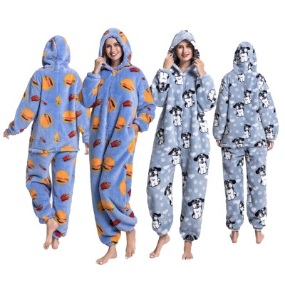 Dog & Hamburger Print Cartoon Onesie Pajamas Hooded Jumpsuit Sleepwear For Adult