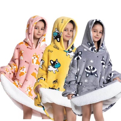 Cartoon Animal Soft Flannel Hoodie Sweatshirt Wearable Sherpa TV Blanket For Kids