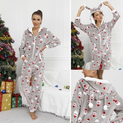 Grey Santa Claus Women Onesie One-Piece Pajama With Hoodie Zip-Up