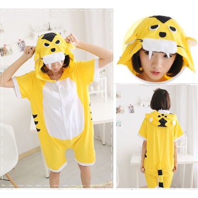 Yellow Tiger Cartoon Hoodie Kigurumi Summer Onesie Pajamas For Adult