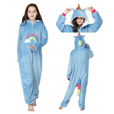 Blue Rainbow Unicorn Onesie Kigurumi Animal Pajamas For Kids