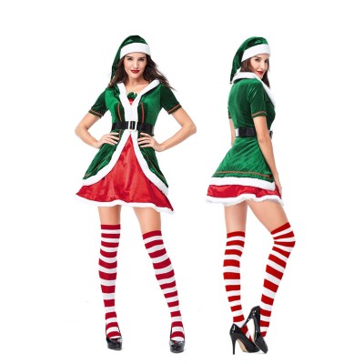 Adult Green Santa  Elf Costume Christmas Thickened Cosplay Costume Sets