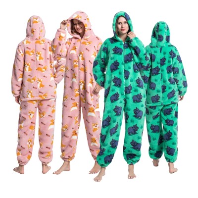 Soft Flannel Women Onesie Pajamas Hooded Jumpsuit Cartoon Sleepwear Hippo & Corgi Print