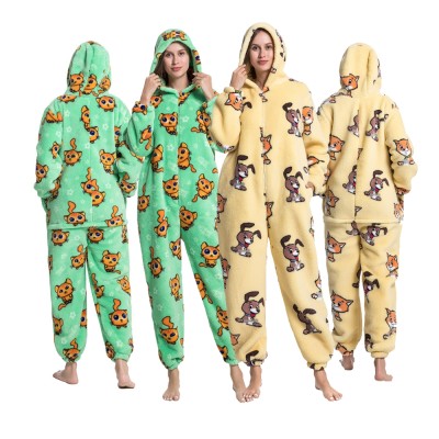  Women Onesie Pajamas Hooded Jumpsuit Cartoon Sleepwear Green Cat & Yellow Dog Print Zip-Up