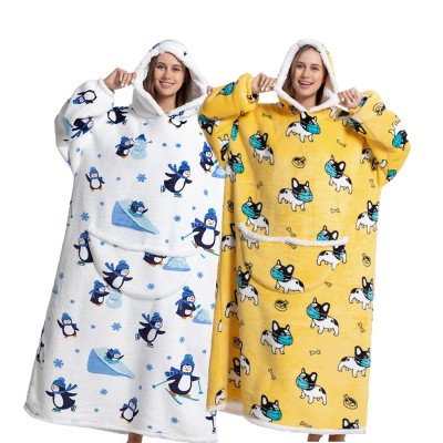 Soft Flannel Lengthen Cartoon Hooded Nightgown TV Blanket Penguin & Mask Dog Print