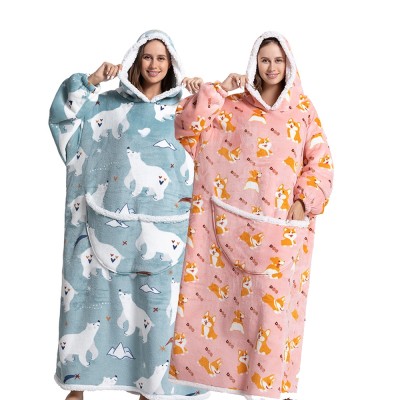 Adult Soft Flannel Lengthen Cartoon Hooded Nightgown TV Blanket Polar Bear & Corgi Print  