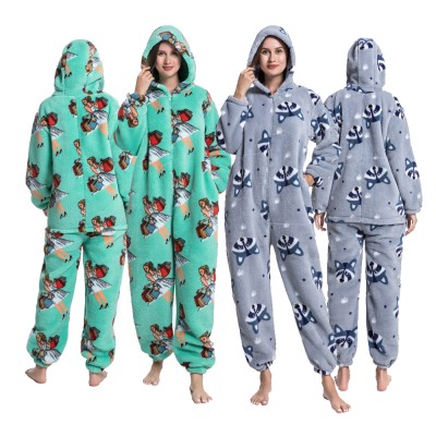 Flannel Women Onesie Pajamas Hooded Jumpsuit Cartoon Sleepwear Shopping Queen & Raccoon Print
