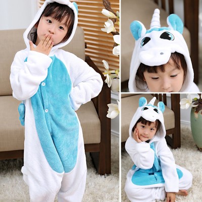 White and Blue Unicorn Kigurumi Onesie Pajama Cartoon Animal Costume For Kids