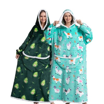 Soft Flannel Cartoon Lengthen Hooded Nightgown TV Blanket Alpaca & Pear Print