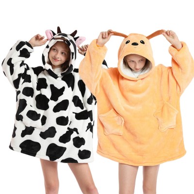 Flannel Cow & Dog Hoodie Wearable Sherpa TV Blanket Sweatshirt For Kids