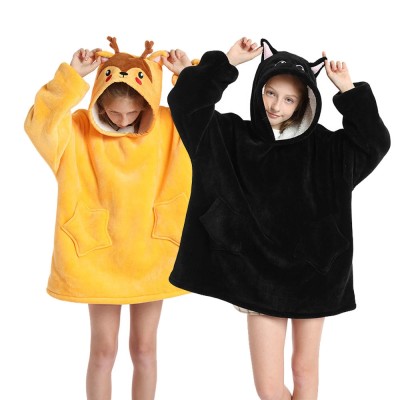 Flannel Deer & Black Cat Hoodie Wearable Sherpa TV Blanket Sweatshirt For Kids