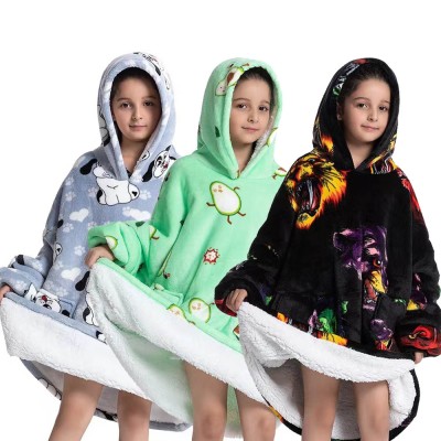 Cartoon Soft Flannel Hoodie Wearable Sherpa TV Blanket Sweatshirt For Kids