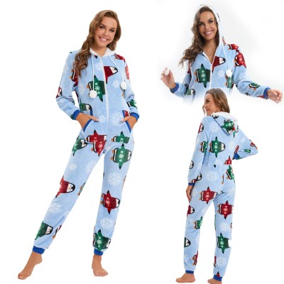 Blue Christmas Coral Fleece Women Onesie One-Piece Pajama With Hood