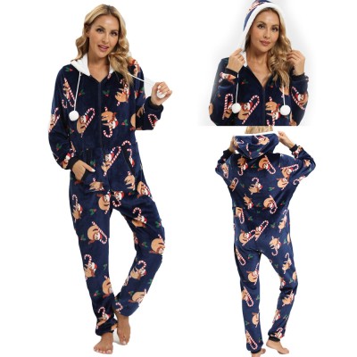 Christmas Magic Sticks Coral Fleece Women Onesie One-Piece Pajama With Hood Zip-Up
