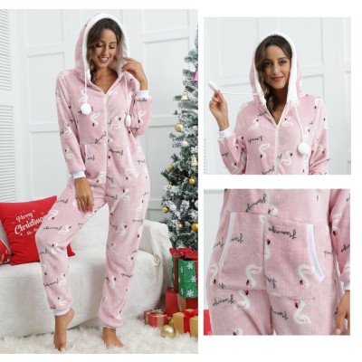 Pink Flamingo Coral Fleece Women Onesie One-Piece Pajama With Hood Zip-Up