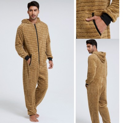 Thickened Double-Sided Fleece Stripes Men's Hooded One-Piece Pajamas