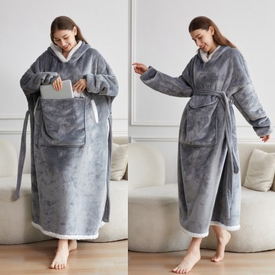 Flannel Thick Hoodie Pajama Men & Women Solid Color Casual TV Wearable Blankets Sweatshirt