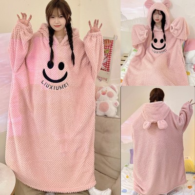 Pink  Smiley Face Winter Coral Velvet Hooded Robe Oversized Casual TV Blankets