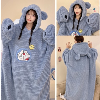 Blue Doraemon Coral Velvet Nightdress Hooded Pajama Oversized Casual TV Blankets