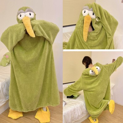 Cute Green Apteryx Plush Winter Thickened Coral Velvet Nightgown Hooded Pajamas TV Blanket