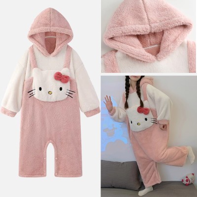  Cute Hello Kitty Kigurumi Onesie Thickened Coral Velvet Cartoon Loose Pajamas For Adult
