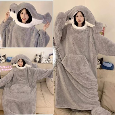 Cute Sakaban Fish Thickened Coral Velvet Nightgown Cartoon Hooded Pajamas TV Blanket For Couples