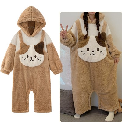 Cute Brown Ca tPajamas Onesie Winter Thickened Coral Velvet Cartoon Animal Loose Kigurumi