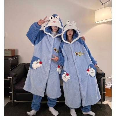 Cartoon Blue Cat Robes Long Thickened Hooded Sleepwear Set For Halloween Couple Costumes