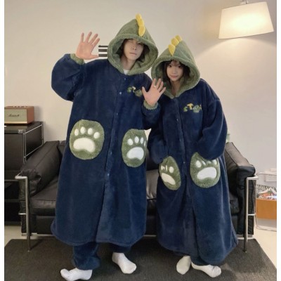  Blue-Green Dinosaur Couple Robes Loungewear Pajama Robes Set For Halloween Costumes