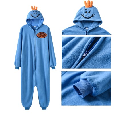 Funny Blue Mr Meeseeks Onesie Kigurumi Polar Fleece Cartoon Pajamas Costume For Adult