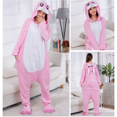 Cute Pink Rabbit Kigurumi Onesie Animal Pajama Zipper Flannel Halloween Costume For Adult