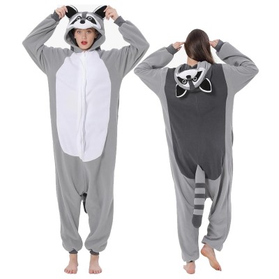Gray Raccoon Onesie Kigurumi For Adults Halloween Animal Costumes Zip Up