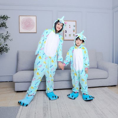 Parent-Child Fannel Aqua Green Printed Pegasus Onesies Kigurumi Pajama For Halloween