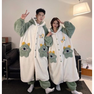 Big-Eye Monster Robes Long Plush Hooded Sleepwear Set For Halloween Couple Costumes