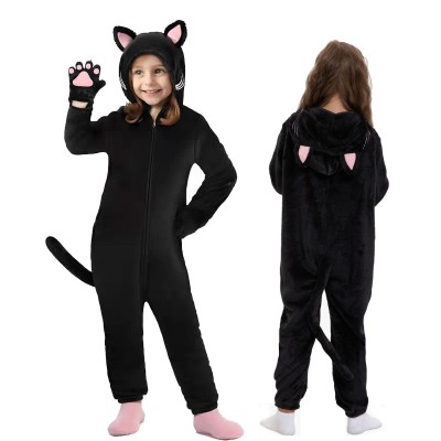 Black Cat Onesie with Cat Paw Kigurumi Animal Pajamas For Halloween Kids Costumes