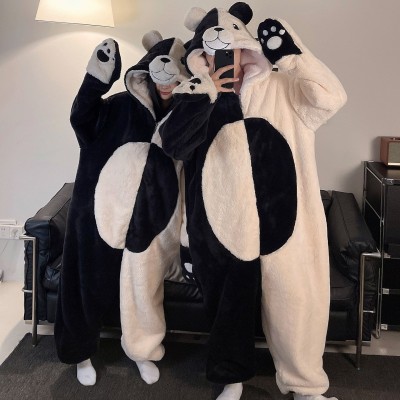 Black & White Bear Onesie Kigurumi Coral Fleece Pajama For Halloween Couples Costume