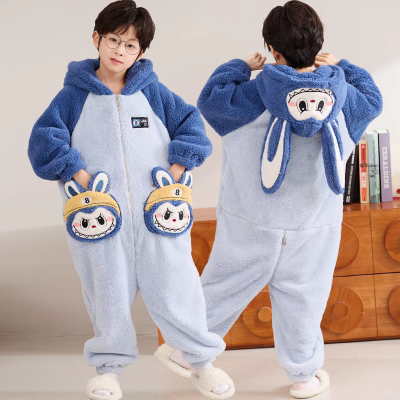 Blue Labubu Coral Fleece Onesie Pajamas Kigurumi For Kids Halloween Costumes