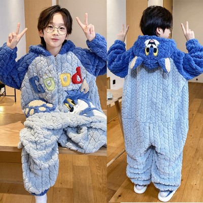 Blue Tom Cat Coral Fleece Onesie Pajamas For Kids Boys Halloween Costume