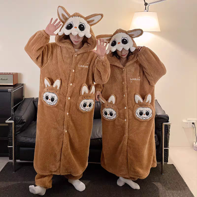 Brown Labubu Hooded Long Plush Robe Loungewear Set For Hallowee Couples Costumes