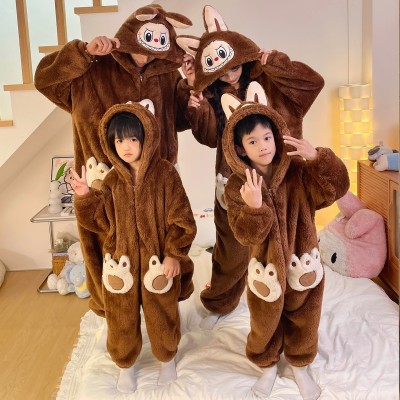 Brown Labubu Onesie Kigurumi Thicked Pajama For Family Matching Halloween Costume