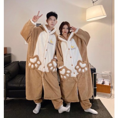 Brown Puppy Robes Sleepwear Set Long Plush Hooded Loungewear For   Halloween Couples Costumes