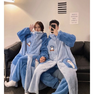 Cartoon Shark Robes Long Thickened Hooded Sleepwear Set For Halloween Couple Costumes