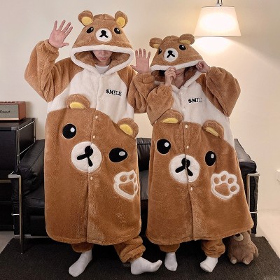 Sweet Cookie Bear Couple Robes Long Plush Hooded Loungewear Set For Hallowee Costumes