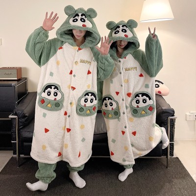 Green Crayon Shin-chan Couples Robe Long Plush Hooded Loungewear Set For Hallowee Costumes