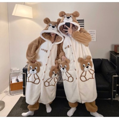 Cute Bear Robes Long Plush Hooded Loungewear Set For Couple Matching Halloween Costumes