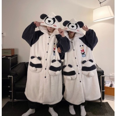 Cute Panda Robes Long Thickened Hooded Fleece Sleepwear Set For Couples Halloween Costumes