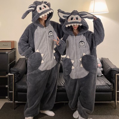 Gray Labubu Onesie Kigurumi Coral Fleece Pajama For Halloween Couples Costume
