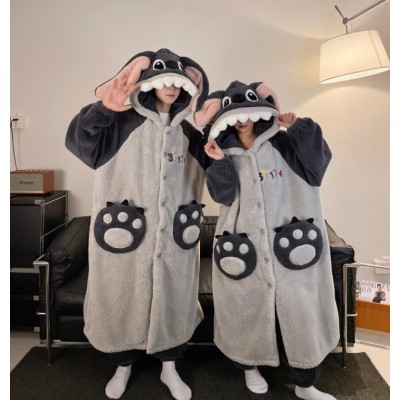 Gray Stitch Robes Long Plush Hooded Loungewear Set For Couple Matching Halloween Costumes