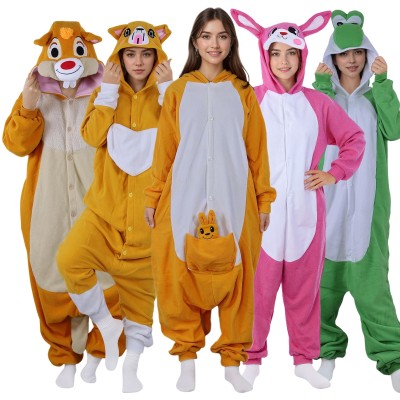 Cartoon Animal Kangaroo Squirrel Corgi Rabbit Yoshi Kigurumi Onesie For Adults Halloween Group Costumes  